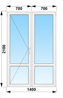 Полуторная балконная дверь стеклянная  с импостом 1400x2100